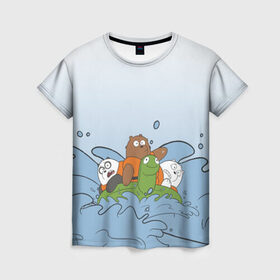 Женская футболка 3D с принтом Bears on a turtle в Санкт-Петербурге, 100% полиэфир ( синтетическое хлопкоподобное полотно) | прямой крой, круглый вырез горловины, длина до линии бедер | baby bears | bare bears | charle and bears | dsgngerzen | grizz | iсebear | panda | panpan | selfie panpan | vdgerir | we bare bears | вся правда о медведях