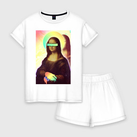 Женская пижама с шортиками хлопок с принтом Mona Lisa в Санкт-Петербурге, 100% хлопок | футболка прямого кроя, шорты свободные с широкой мягкой резинкой | 