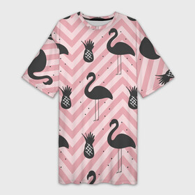 Платье-футболка 3D с принтом Черный фламинго в Санкт-Петербурге,  |  | animal | bird | flamingo | pink | pnik flamingo | животные | птицы | розовый | розовый фламинго | фламинго