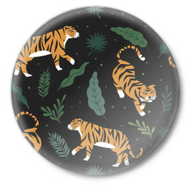 Значок с принтом Тропический тигр в Санкт-Петербурге,  металл | круглая форма, металлическая застежка в виде булавки | tiger | гепард | дикие кошки | животные | кот | кошки | пантера | тигр | тигры