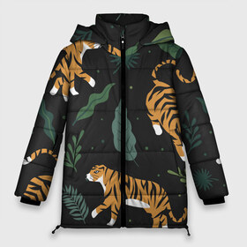 Женская зимняя куртка 3D с принтом Тропический тигр в Санкт-Петербурге, верх — 100% полиэстер; подкладка — 100% полиэстер; утеплитель — 100% полиэстер | длина ниже бедра, силуэт Оверсайз. Есть воротник-стойка, отстегивающийся капюшон и ветрозащитная планка. 

Боковые карманы с листочкой на кнопках и внутренний карман на молнии | tiger | гепард | дикие кошки | животные | кот | кошки | пантера | тигр | тигры
