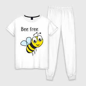 Женская пижама хлопок с принтом Bee free в Санкт-Петербурге, 100% хлопок | брюки и футболка прямого кроя, без карманов, на брюках мягкая резинка на поясе и по низу штанин | azmart | bee free