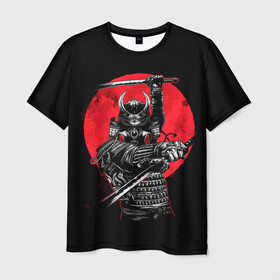 Мужская футболка 3D с принтом Sамурай в Санкт-Петербурге, 100% полиэфир | прямой крой, круглый вырез горловины, длина до линии бедер | japan | japanese | katana | samurai | броня | брутальный | воин | доспех | защитник японский | катана | красное | кровавая луна | луна | меч | мрачный | наемник | перчатки | противогаз | ронин | самурай | солнце | тэнго