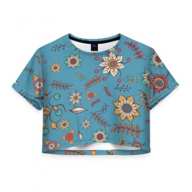 Женская футболка Cropp-top с принтом Цветочный рай в Санкт-Петербурге, 100% полиэстер | круглая горловина, длина футболки до линии талии, рукава с отворотами | Тематика изображения на принте: 