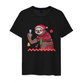 Мужская футболка хлопок с принтом Рождественский Ленивец в Санкт-Петербурге, 100% хлопок | прямой крой, круглый вырез горловины, длина до линии бедер, слегка спущенное плечо. | 