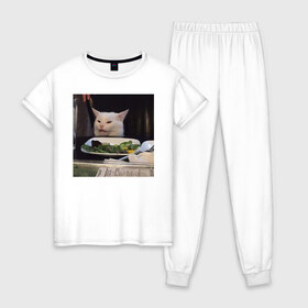 Женская пижама хлопок с принтом мемная картинка с котом в Санкт-Петербурге, 100% хлопок | брюки и футболка прямого кроя, без карманов, на брюках мягкая резинка на поясе и по низу штанин | кот | котэ | кошка | мем | прикол | фотография
