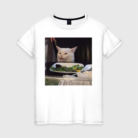 Женская футболка хлопок с принтом мемная картинка с котом в Санкт-Петербурге, 100% хлопок | прямой крой, круглый вырез горловины, длина до линии бедер, слегка спущенное плечо | кот | котэ | кошка | мем | прикол | фотография