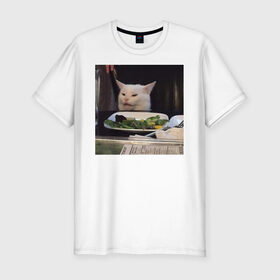 Мужская футболка премиум с принтом мемная картинка с котом в Санкт-Петербурге, 92% хлопок, 8% лайкра | приталенный силуэт, круглый вырез ворота, длина до линии бедра, короткий рукав | кот | котэ | кошка | мем | прикол | фотография