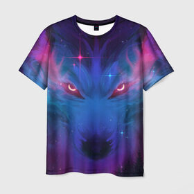 Мужская футболка 3D с принтом Звездный волк в Санкт-Петербурге, 100% полиэфир | прямой крой, круглый вырез горловины, длина до линии бедер | взгляд | волк | волки | волчица | животное | звезды | зверь | космос