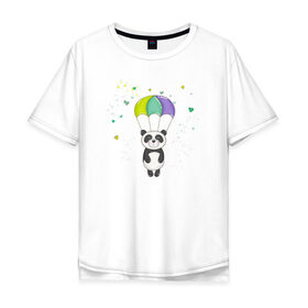 Мужская футболка хлопок Oversize с принтом Панда на парашюте в Санкт-Петербурге, 100% хлопок | свободный крой, круглый ворот, “спинка” длиннее передней части | панда | панда на парашюте | рисунок | сердечки