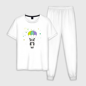 Мужская пижама хлопок с принтом Панда на парашюте в Санкт-Петербурге, 100% хлопок | брюки и футболка прямого кроя, без карманов, на брюках мягкая резинка на поясе и по низу штанин
 | панда | панда на парашюте | рисунок | сердечки