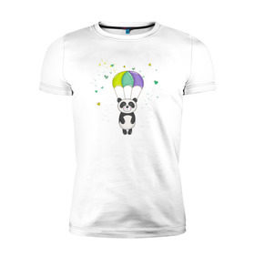 Мужская футболка премиум с принтом Панда на парашюте в Санкт-Петербурге, 92% хлопок, 8% лайкра | приталенный силуэт, круглый вырез ворота, длина до линии бедра, короткий рукав | Тематика изображения на принте: панда | панда на парашюте | рисунок | сердечки