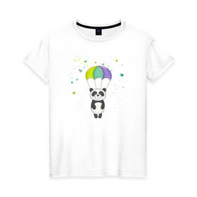 Женская футболка хлопок с принтом Панда на парашюте в Санкт-Петербурге, 100% хлопок | прямой крой, круглый вырез горловины, длина до линии бедер, слегка спущенное плечо | панда | панда на парашюте | рисунок | сердечки