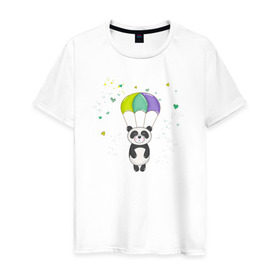 Мужская футболка хлопок с принтом Панда на парашюте в Санкт-Петербурге, 100% хлопок | прямой крой, круглый вырез горловины, длина до линии бедер, слегка спущенное плечо. | панда | панда на парашюте | рисунок | сердечки