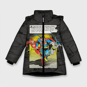 Зимняя куртка для девочек 3D с принтом Flash Batman Superman в Санкт-Петербурге, ткань верха — 100% полиэстер; подклад — 100% полиэстер, утеплитель — 100% полиэстер. | длина ниже бедра, удлиненная спинка, воротник стойка и отстегивающийся капюшон. Есть боковые карманы с листочкой на кнопках, утяжки по низу изделия и внутренний карман на молнии. 

Предусмотрены светоотражающий принт на спинке, радужный светоотражающий элемент на пуллере молнии и на резинке для утяжки. | batman | bruce wayne | dc comics | flash | justice league | superhero | superman | бэтмен | лига справедливости | супермен | флэш
