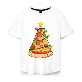 Мужская футболка хлопок Oversize с принтом Новогодняя Пицца в Санкт-Петербурге, 100% хлопок | свободный крой, круглый ворот, “спинка” длиннее передней части | 