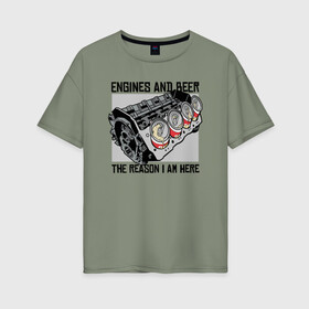 Женская футболка хлопок Oversize с принтом Инженер и Пиво в Санкт-Петербурге, 100% хлопок | свободный крой, круглый ворот, спущенный рукав, длина до линии бедер
 | beer | engine | engineer | автомеханик | двигатель | инженер | механик | специалист
