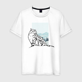 Мужская футболка хлопок с принтом Снежный Леопард в Санкт-Петербурге, 100% хлопок | прямой крой, круглый вырез горловины, длина до линии бедер, слегка спущенное плечо. | leopard | snow | winter | зима | леопард | снег | снежный