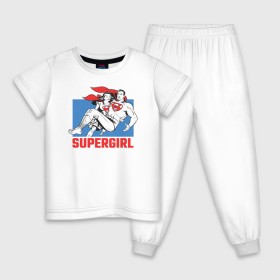 Детская пижама хлопок с принтом Superman & Supergirl в Санкт-Петербурге, 100% хлопок |  брюки и футболка прямого кроя, без карманов, на брюках мягкая резинка на поясе и по низу штанин
 | Тематика изображения на принте: clark kent | dc comics | diana prince | justice league | shtatjl | supergirl | superhero | superman | вандер вуман | галь гадот | диана принс | лига справедливости | супер женщина | супермен | чудо женщина