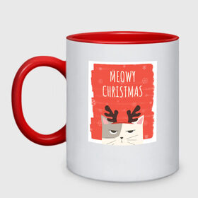 Кружка двухцветная с принтом MEOWY CHRISTMAS в Санкт-Петербурге, керамика | объем — 330 мл, диаметр — 80 мм. Цветная ручка и кайма сверху, в некоторых цветах — вся внутренняя часть | Тематика изображения на принте: животные | кот | кошки | новый год | праздник | прикол | рождество | смешное