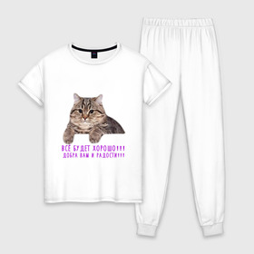Женская пижама хлопок с принтом Дружелюбный кот в Санкт-Петербурге, 100% хлопок | брюки и футболка прямого кроя, без карманов, на брюках мягкая резинка на поясе и по низу штанин | cat | fun | добрый | забавная | кот | котик | мем | надпись | прикол | слова | смешная