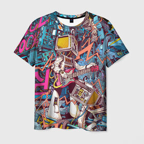 Мужская футболка 3D с принтом Space Hardrock Machine в Санкт-Петербурге, 100% полиэфир | прямой крой, круглый вырез горловины, длина до линии бедер | Тематика изображения на принте: rock | гитара | космонавт | космос | музыка | робот | рок | хард рок | электроника | электронная музыка