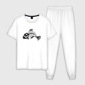 Мужская пижама хлопок с принтом Скелет Рыбы в Санкт-Петербурге, 100% хлопок | брюки и футболка прямого кроя, без карманов, на брюках мягкая резинка на поясе и по низу штанин
 | 