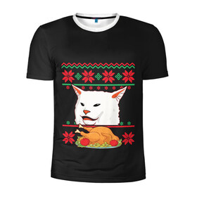 Мужская футболка 3D спортивная с принтом Woman Yelling at Cat в Санкт-Петербурге, 100% полиэстер с улучшенными характеристиками | приталенный силуэт, круглая горловина, широкие плечи, сужается к линии бедра | Тематика изображения на принте: cat | cats | christmas | mem | meme | memes | new year | xmas | вязаный | женщина | кот | кричит | мем | мемы | на кота | новый год | рождество | свитер