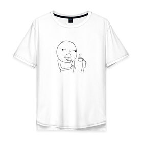 Мужская футболка хлопок Oversize с принтом Мем задумчивый человек с кофе в Санкт-Петербурге, 100% хлопок | свободный крой, круглый ворот, “спинка” длиннее передней части | Тематика изображения на принте: 