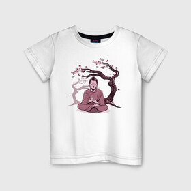 Детская футболка хлопок с принтом Будда Сакура в Санкт-Петербурге, 100% хлопок | круглый вырез горловины, полуприлегающий силуэт, длина до линии бедер | Тематика изображения на принте: buddha | medidate | medidation | sakura | yoga | буда | будда | йога | медитация | сакура | япония