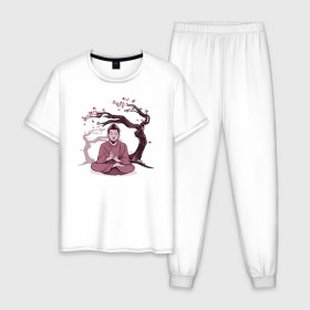 Мужская пижама хлопок с принтом Будда Сакура в Санкт-Петербурге, 100% хлопок | брюки и футболка прямого кроя, без карманов, на брюках мягкая резинка на поясе и по низу штанин
 | buddha | medidate | medidation | sakura | yoga | буда | будда | йога | медитация | сакура | япония