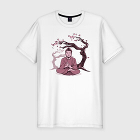 Мужская футболка хлопок Slim с принтом Будда Сакура в Санкт-Петербурге, 92% хлопок, 8% лайкра | приталенный силуэт, круглый вырез ворота, длина до линии бедра, короткий рукав | Тематика изображения на принте: buddha | medidate | medidation | sakura | yoga | буда | будда | йога | медитация | сакура | япония