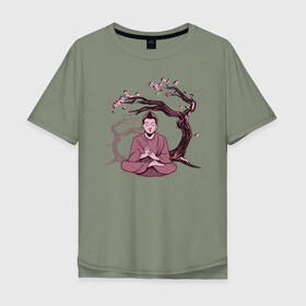Мужская футболка хлопок Oversize с принтом Будда Сакура в Санкт-Петербурге, 100% хлопок | свободный крой, круглый ворот, “спинка” длиннее передней части | buddha | medidate | medidation | sakura | yoga | буда | будда | йога | медитация | сакура | япония