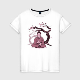 Женская футболка хлопок с принтом Будда Сакура в Санкт-Петербурге, 100% хлопок | прямой крой, круглый вырез горловины, длина до линии бедер, слегка спущенное плечо | buddha | medidate | medidation | sakura | yoga | буда | будда | йога | медитация | сакура | япония