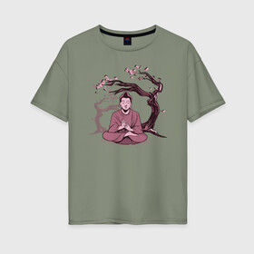 Женская футболка хлопок Oversize с принтом Будда Сакура в Санкт-Петербурге, 100% хлопок | свободный крой, круглый ворот, спущенный рукав, длина до линии бедер
 | buddha | medidate | medidation | sakura | yoga | буда | будда | йога | медитация | сакура | япония