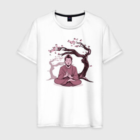Мужская футболка хлопок с принтом Будда Сакура в Санкт-Петербурге, 100% хлопок | прямой крой, круглый вырез горловины, длина до линии бедер, слегка спущенное плечо. | Тематика изображения на принте: buddha | medidate | medidation | sakura | yoga | буда | будда | йога | медитация | сакура | япония