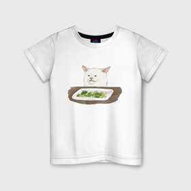 Детская футболка хлопок с принтом Woman Yelling At Cat Meme в Санкт-Петербурге, 100% хлопок | круглый вырез горловины, полуприлегающий силуэт, длина до линии бедер | cat | cat meme | женщина кричит на кота | интернет | кот | кот мем | котейка | котенок | кошак | мем | приколы