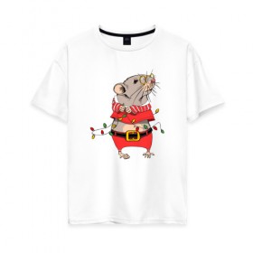 Женская футболка хлопок Oversize с принтом Новогодняя мышка с гирляндой в Санкт-Петербурге, 100% хлопок | свободный крой, круглый ворот, спущенный рукав, длина до линии бедер
 | 
