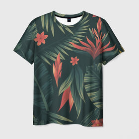Мужская футболка 3D с принтом Тропический комуфляж в Санкт-Петербурге, 100% полиэфир | прямой крой, круглый вырез горловины, длина до линии бедер | букет | бутон | джунгли | зелёный | красный | лепестки | лепесток | лес | листья | папоротник | синий | тропики | цветок