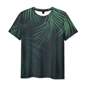 Мужская футболка 3D с принтом Пальмовый узор в Санкт-Петербурге, 100% полиэфир | прямой крой, круглый вырез горловины, длина до линии бедер | джунгли | зелёный | лепестки | лепесток | лес | листья | пальма | пальмы | папоротник | салатовый | тропики | черный