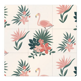 Магнитный плакат 3Х3 с принтом Розовый фламинго и цветы в Санкт-Петербурге, Полимерный материал с магнитным слоем | 9 деталей размером 9*9 см | animal | bird | flamingo | pink | pnik flamingo | животные | папоротник | птицы | розовый | розовый фламинго | фламинго | цветы