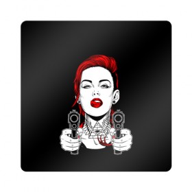 Магнит виниловый Квадрат с принтом Woman is holding a gun в Санкт-Петербурге, полимерный материал с магнитным слоем | размер 9*9 см, закругленные углы | girl | guns | tattoo | woman | девушка | красотка | масоны | оружие | пистолеты | тату | треугольник