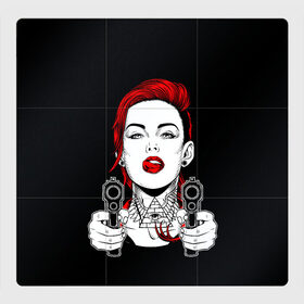Магнитный плакат 3Х3 с принтом Woman is holding a gun в Санкт-Петербурге, Полимерный материал с магнитным слоем | 9 деталей размером 9*9 см | Тематика изображения на принте: girl | guns | tattoo | woman | девушка | красотка | масоны | оружие | пистолеты | тату | треугольник