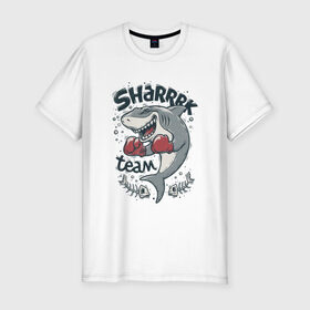 Мужская футболка хлопок Slim с принтом Shark Team в Санкт-Петербурге, 92% хлопок, 8% лайкра | приталенный силуэт, круглый вырез ворота, длина до линии бедра, короткий рукав | shark | shark team | акула | бокс | перчатки | спорт