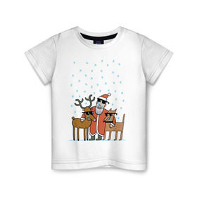 Детская футболка хлопок с принтом THE HATTERS: Дед Мороз не показывает слёз в Санкт-Петербурге, 100% хлопок | круглый вырез горловины, полуприлегающий силуэт, длина до линии бедер | Тематика изображения на принте: hatters | дед мороз | джипси | музыченко | новый год | олень | рождество | рок | ска | снег | снежинки | фолк | шляпники