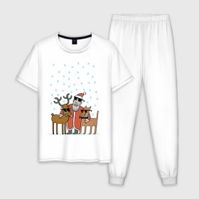 Мужская пижама хлопок с принтом THE HATTERS: Дед Мороз не показывает слёз в Санкт-Петербурге, 100% хлопок | брюки и футболка прямого кроя, без карманов, на брюках мягкая резинка на поясе и по низу штанин
 | Тематика изображения на принте: hatters | дед мороз | джипси | музыченко | новый год | олень | рождество | рок | ска | снег | снежинки | фолк | шляпники