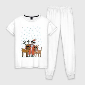 Женская пижама хлопок с принтом THE HATTERS: Дед Мороз не показывает слёз в Санкт-Петербурге, 100% хлопок | брюки и футболка прямого кроя, без карманов, на брюках мягкая резинка на поясе и по низу штанин | hatters | дед мороз | джипси | музыченко | новый год | олень | рождество | рок | ска | снег | снежинки | фолк | шляпники