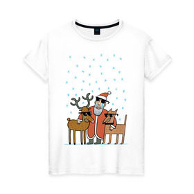 Женская футболка хлопок с принтом THE HATTERS: Дед Мороз не показывает слёз в Санкт-Петербурге, 100% хлопок | прямой крой, круглый вырез горловины, длина до линии бедер, слегка спущенное плечо | hatters | дед мороз | джипси | музыченко | новый год | олень | рождество | рок | ска | снег | снежинки | фолк | шляпники