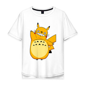 Мужская футболка хлопок Oversize с принтом Pika Totoro в Санкт-Петербурге, 100% хлопок | свободный крой, круглый ворот, “спинка” длиннее передней части | forest | friend | ghibli | japan | keeper | miyazaki | nature | neigbor | neighbour | pikachu | pokemon | totoro | анимация | аниме | гибли | друг | животные | лес | любовь | милый | мир | миядзаки | мульт | мультфильм | пика | пикачу | покемон | приключе