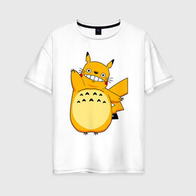 Женская футболка хлопок Oversize с принтом Pika Totoro в Санкт-Петербурге, 100% хлопок | свободный крой, круглый ворот, спущенный рукав, длина до линии бедер
 | forest | friend | ghibli | japan | keeper | miyazaki | nature | neigbor | neighbour | pikachu | pokemon | totoro | анимация | аниме | гибли | друг | животные | лес | любовь | милый | мир | миядзаки | мульт | мультфильм | пика | пикачу | покемон | приключе